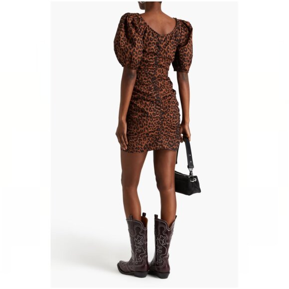 Ganni Cheetah Printed U-neck Ruched Mini Dress EU 40 - Picture 2 of 14